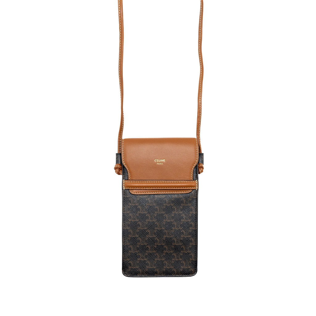celine-phone-pouch-with-flap-triomphe-canvas-lambskin-tan