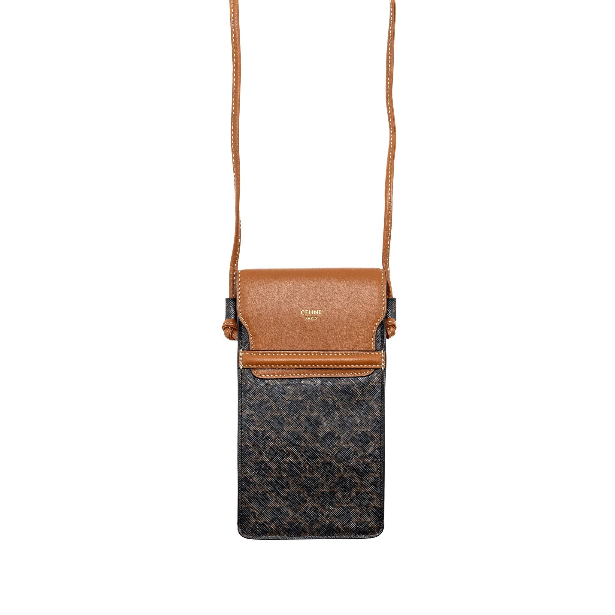 celine-phone-pouch-with-flap-triomphe-canvas-lambskin-tan