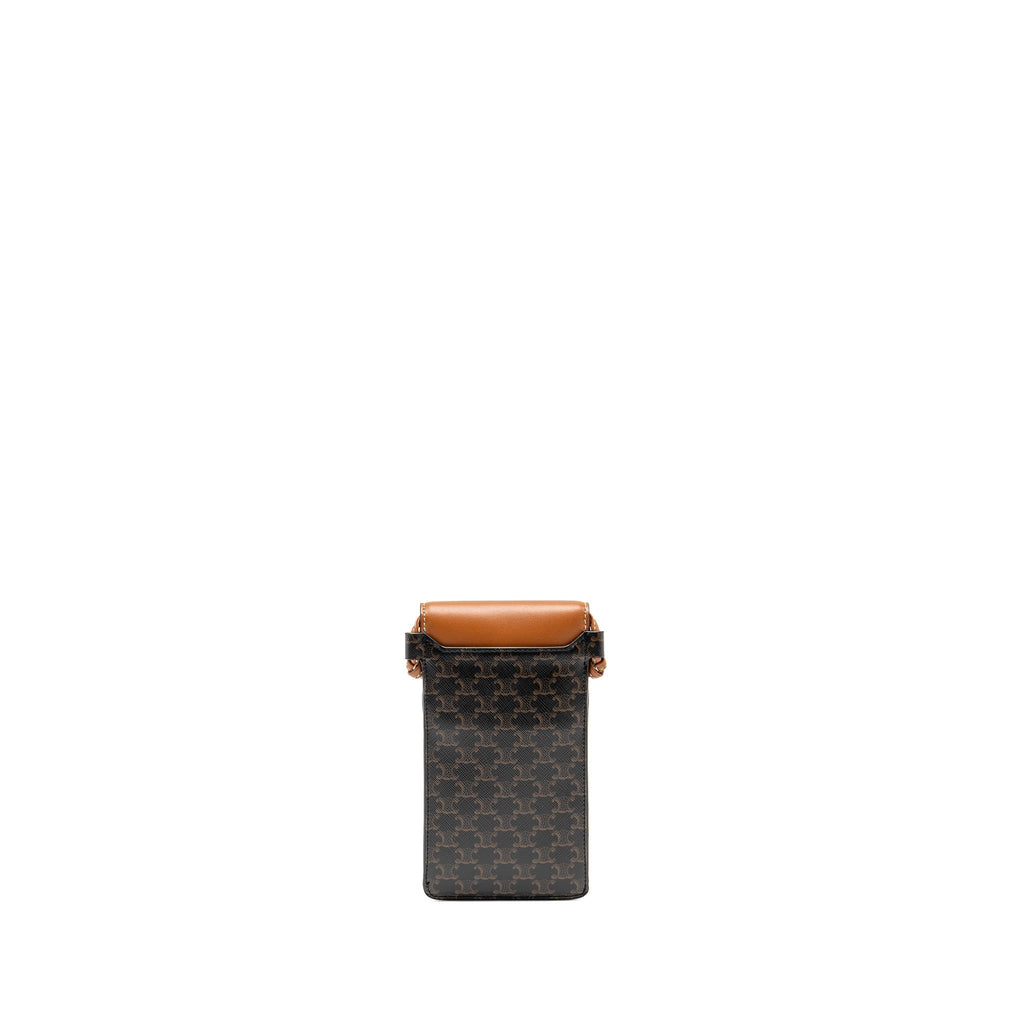 celine-phone-pouch-with-flap-triomphe-canvas-lambskin-tan