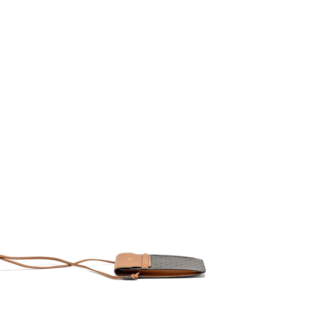 celine-phone-pouch-with-flap-triomphe-canvas-lambskin-tan
