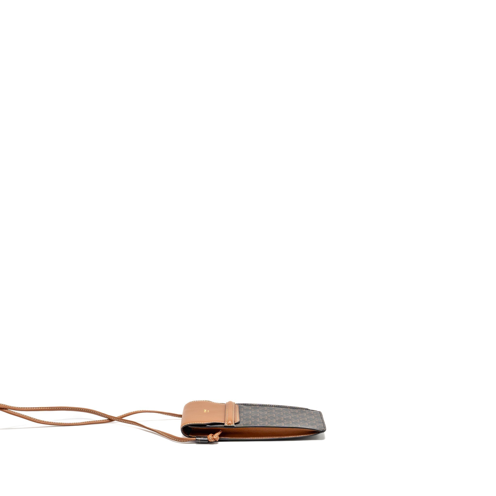 celine-phone-pouch-with-flap-triomphe-canvas-lambskin-tan