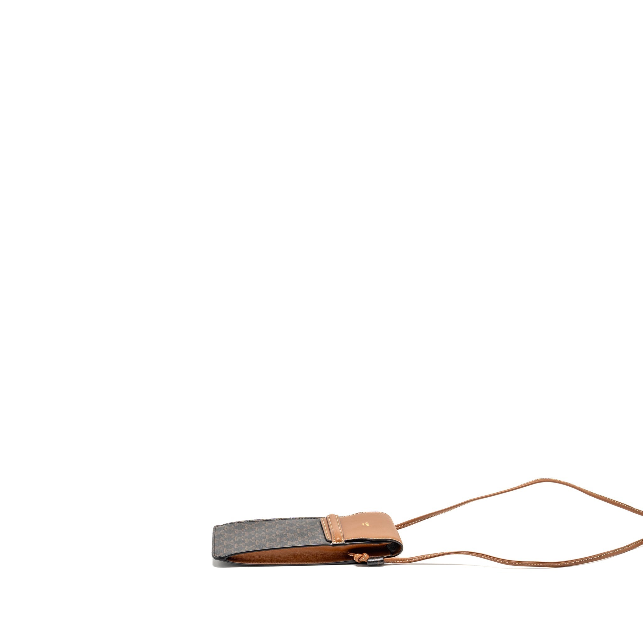 celine-phone-pouch-with-flap-triomphe-canvas-lambskin-tan