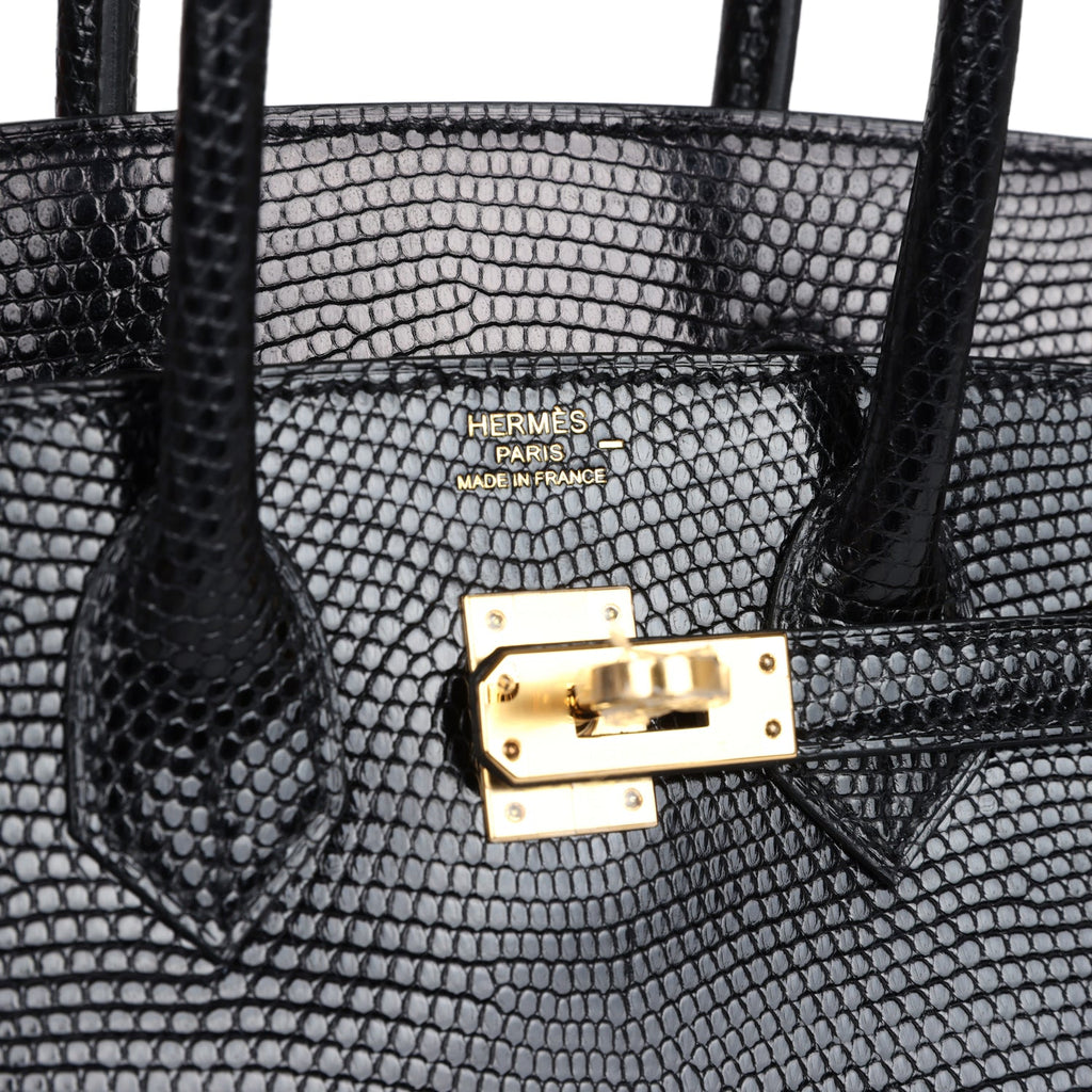 Birkin 25 Black Shiny Varanus Niloticus Lizard Gold Hardware Bag