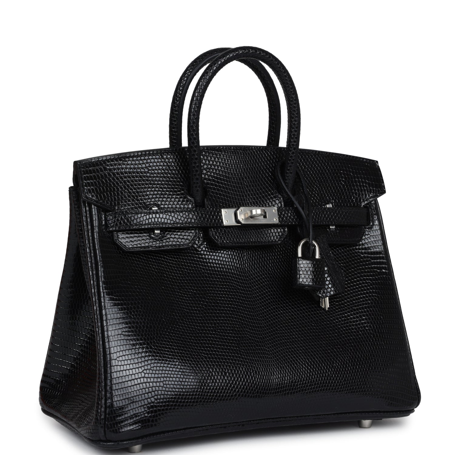 Birkin 25 Black Shiny Varanus Niloticus Lizard Palladium Hardware Bag