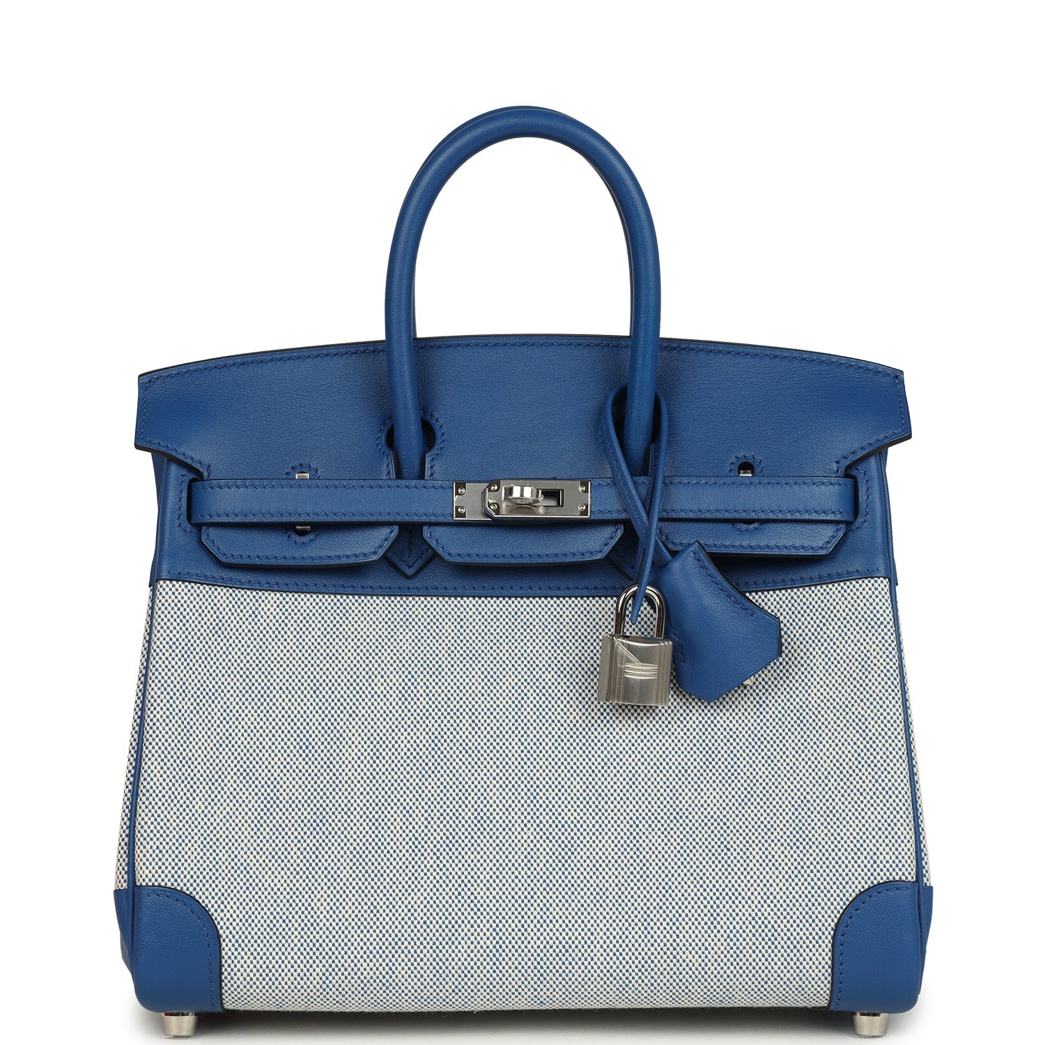 Birkin 25 Bleu France Swift and Bleu Bill-Ecru Toile H Canvas Palladium Hardware Bag