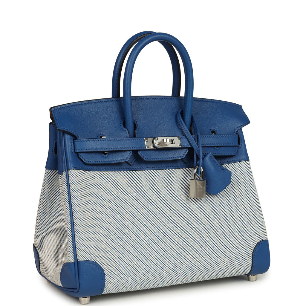 Birkin 25 Bleu France Swift and Bleu Bill-Ecru Toile H Canvas Palladium Hardware Bag