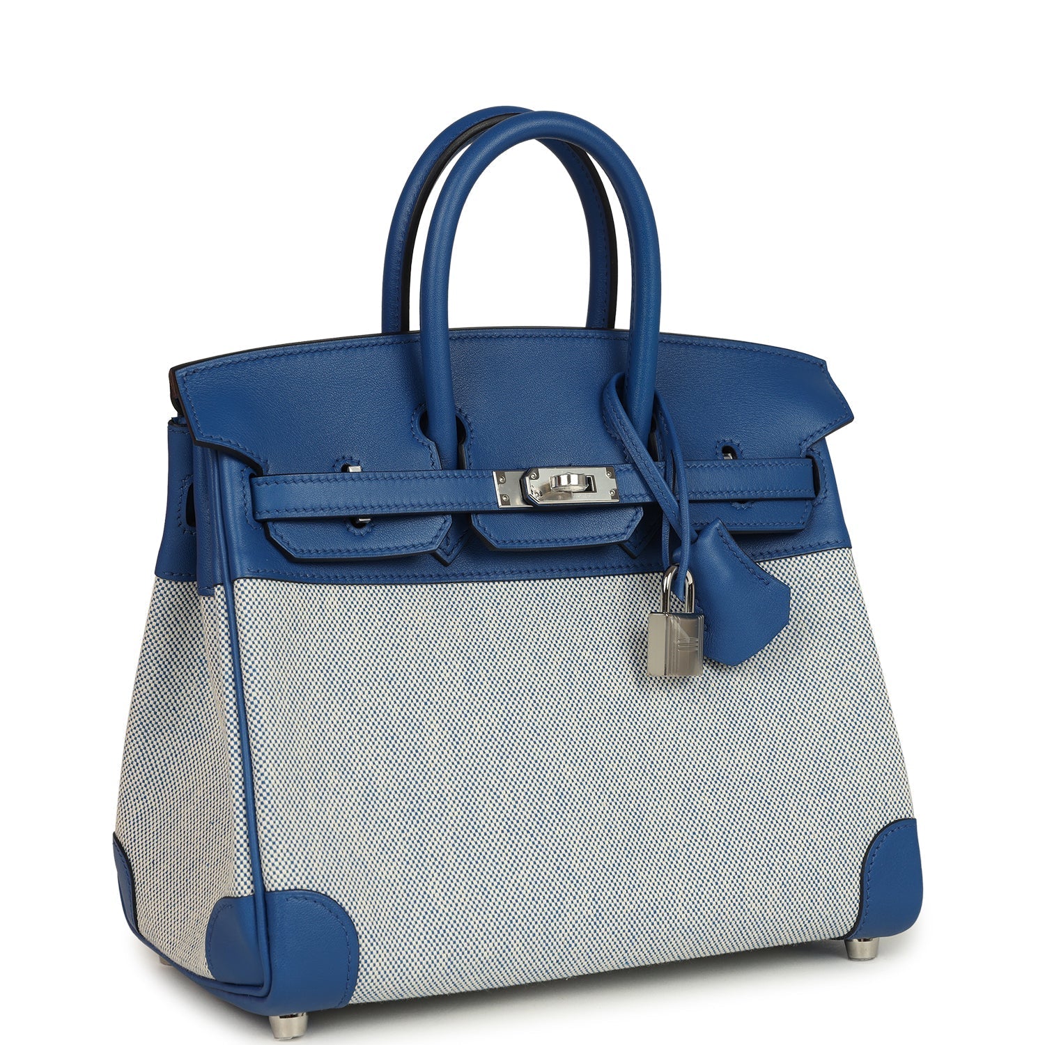 Birkin 25 Bleu France Swift and Bleu Bill-Ecru Toile H Canvas Palladium Hardware Bag