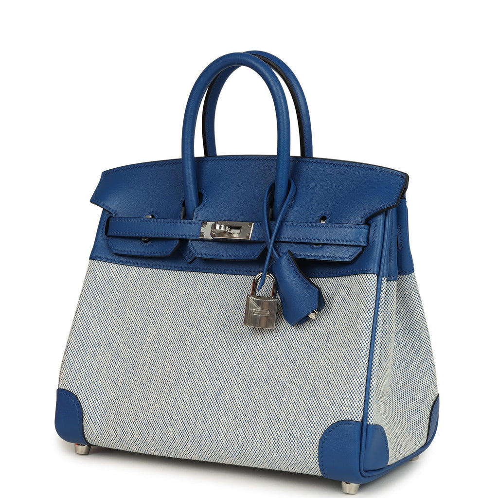 Birkin 25 Bleu France Swift and Bleu Bill-Ecru Toile H Canvas Palladium Hardware Bag