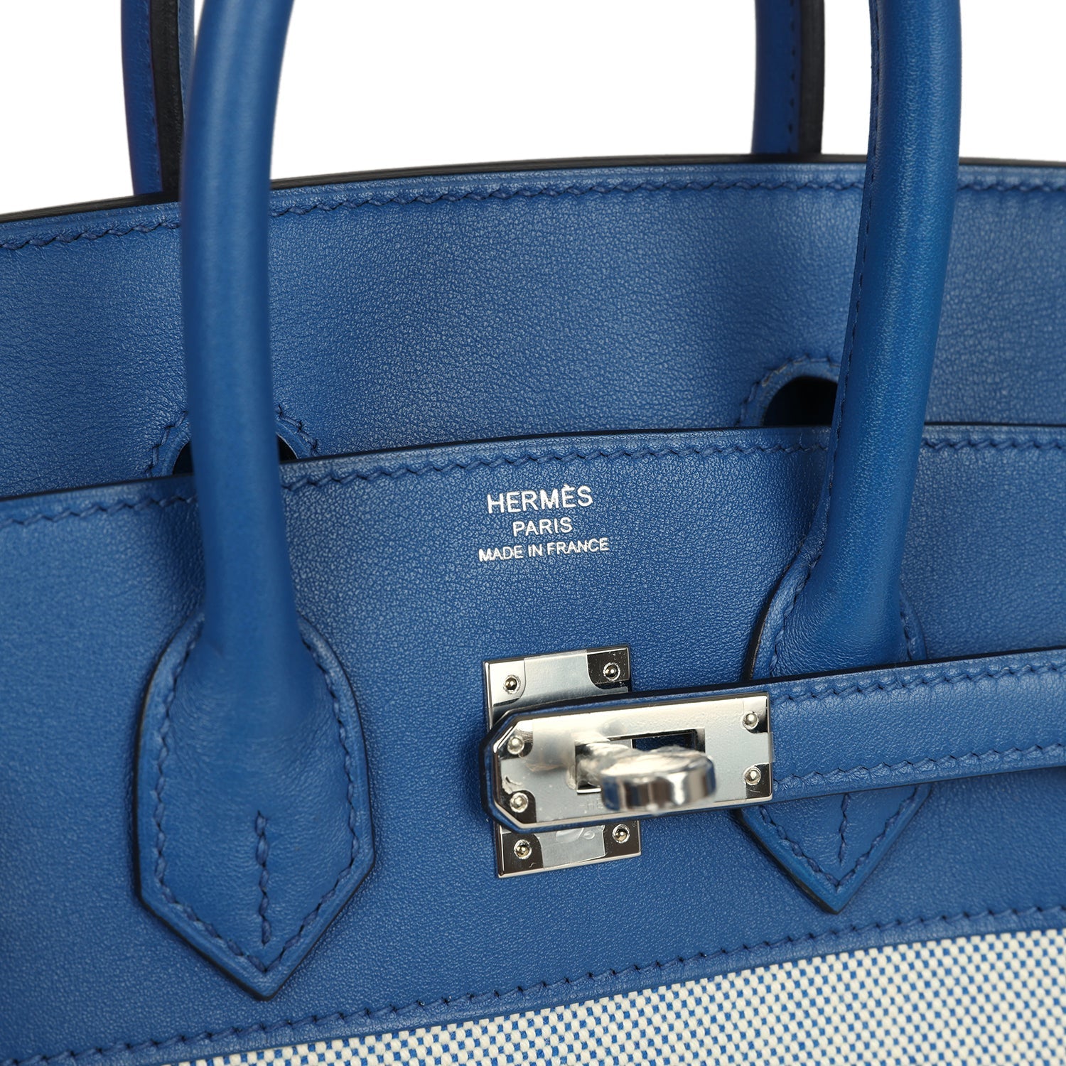 Birkin 25 Bleu France Swift and Bleu Bill-Ecru Toile H Canvas Palladium Hardware Bag