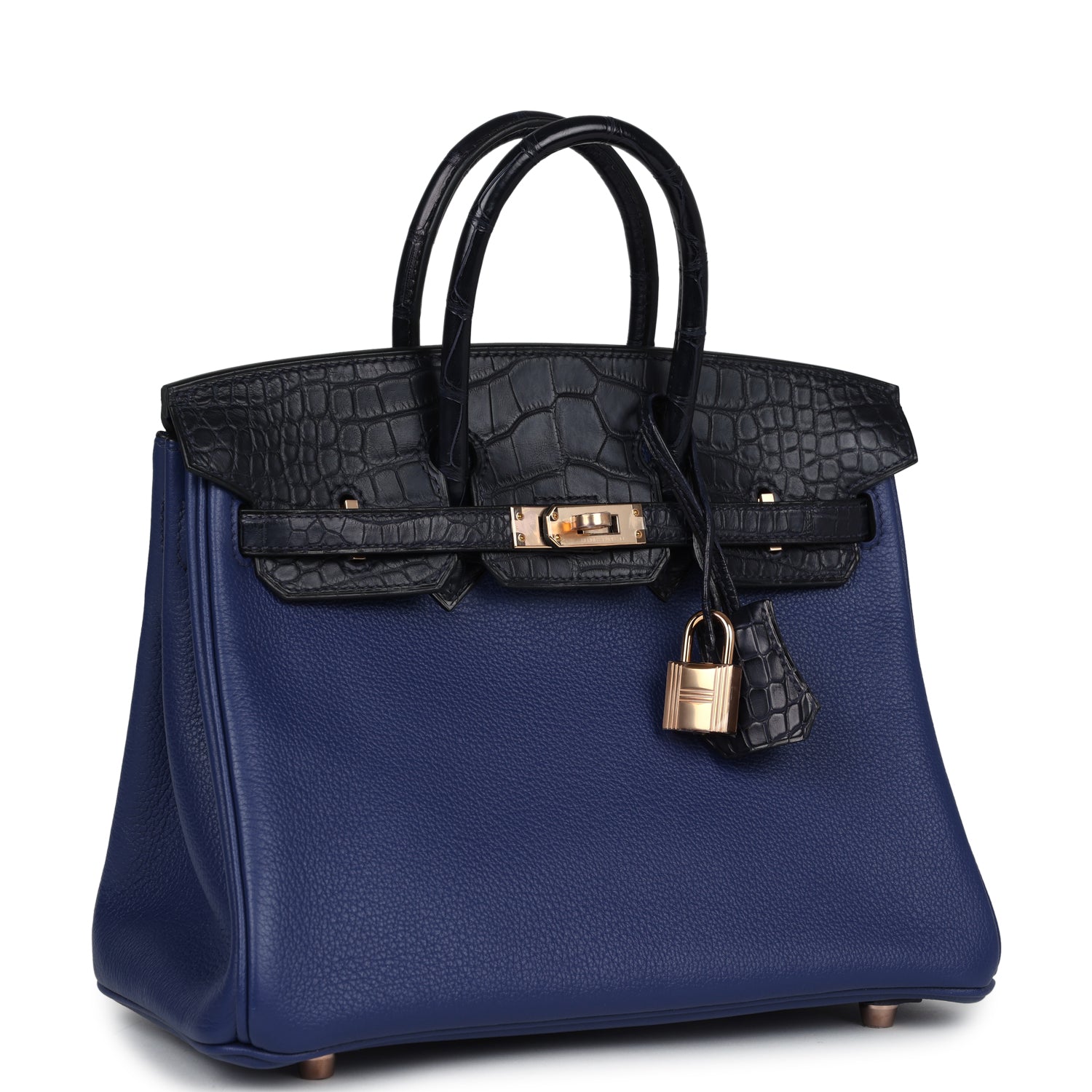 Birkin 25 Bleu Saphir Taurillion Novillo and Bleu Marine Matte Alligator Touch Rose Gold Hardware Bag