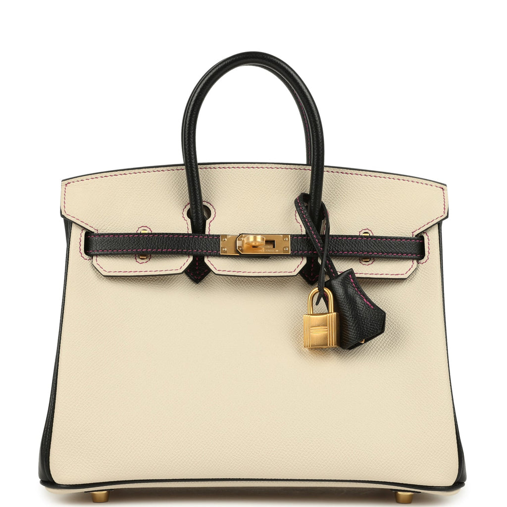 Birkin 25 Craie and Black Epsom Brushed Gold Hardware Bag
