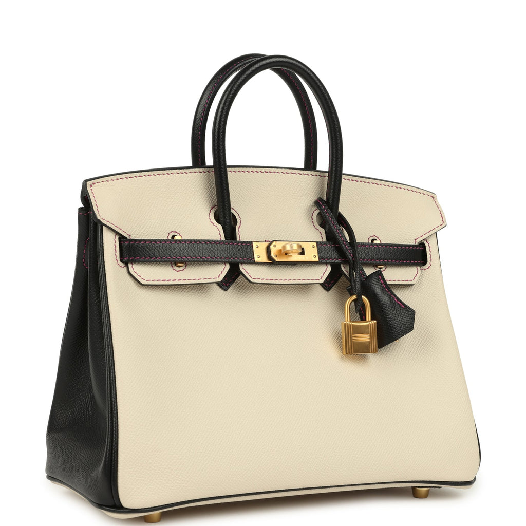 Birkin 25 Craie and Black Epsom Brushed Gold Hardware Bag