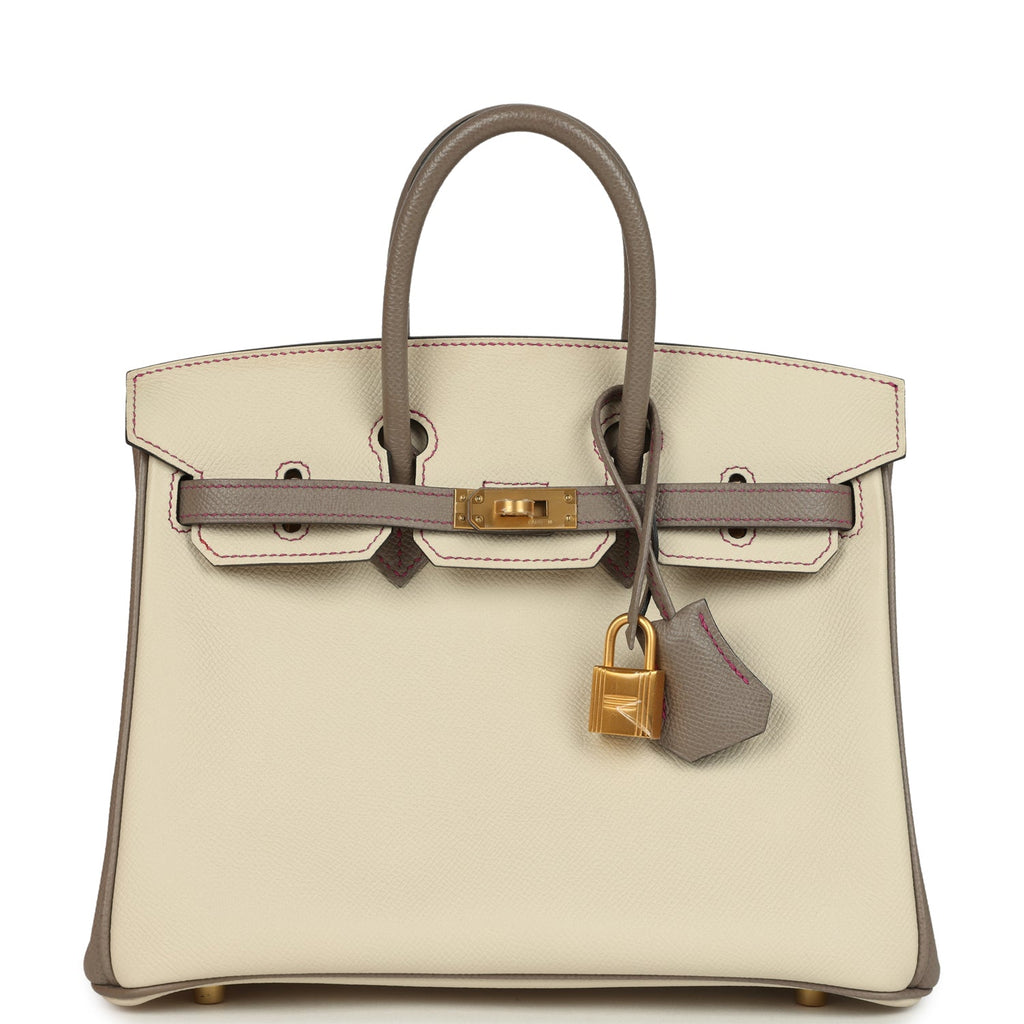 Birkin 25 Craie and Gris Asphalte Epsom Brushed Gold Hardware Bag