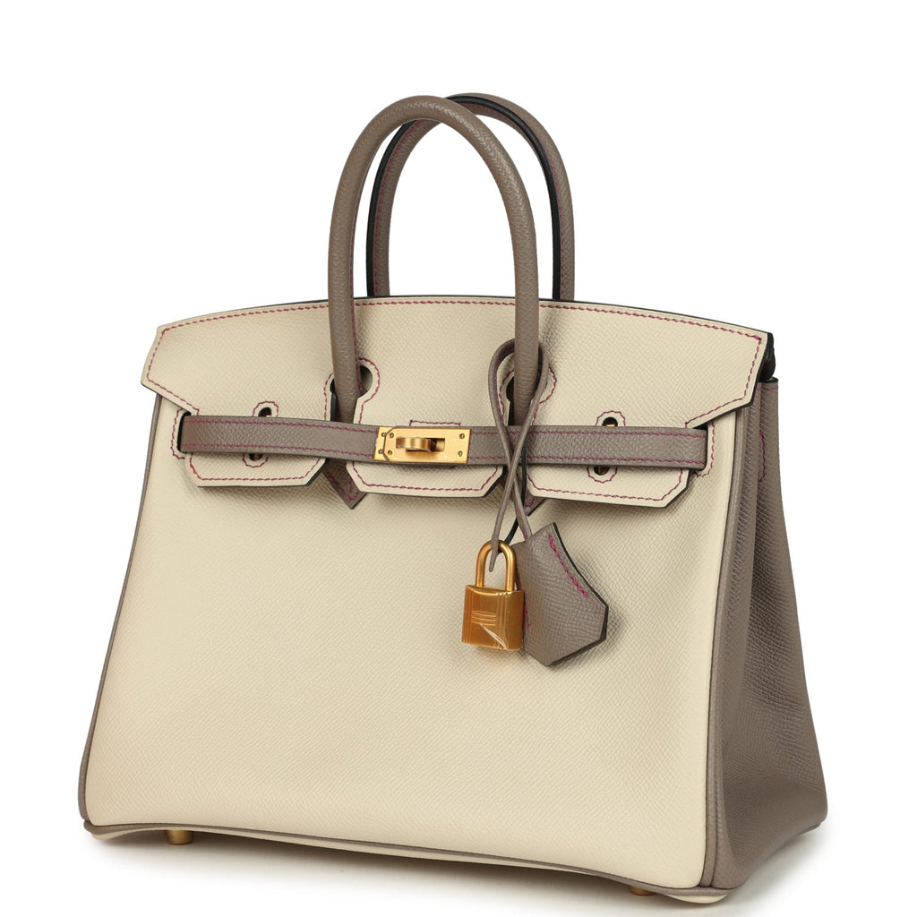 Birkin 25 Craie and Gris Asphalte Epsom Brushed Gold Hardware Bag