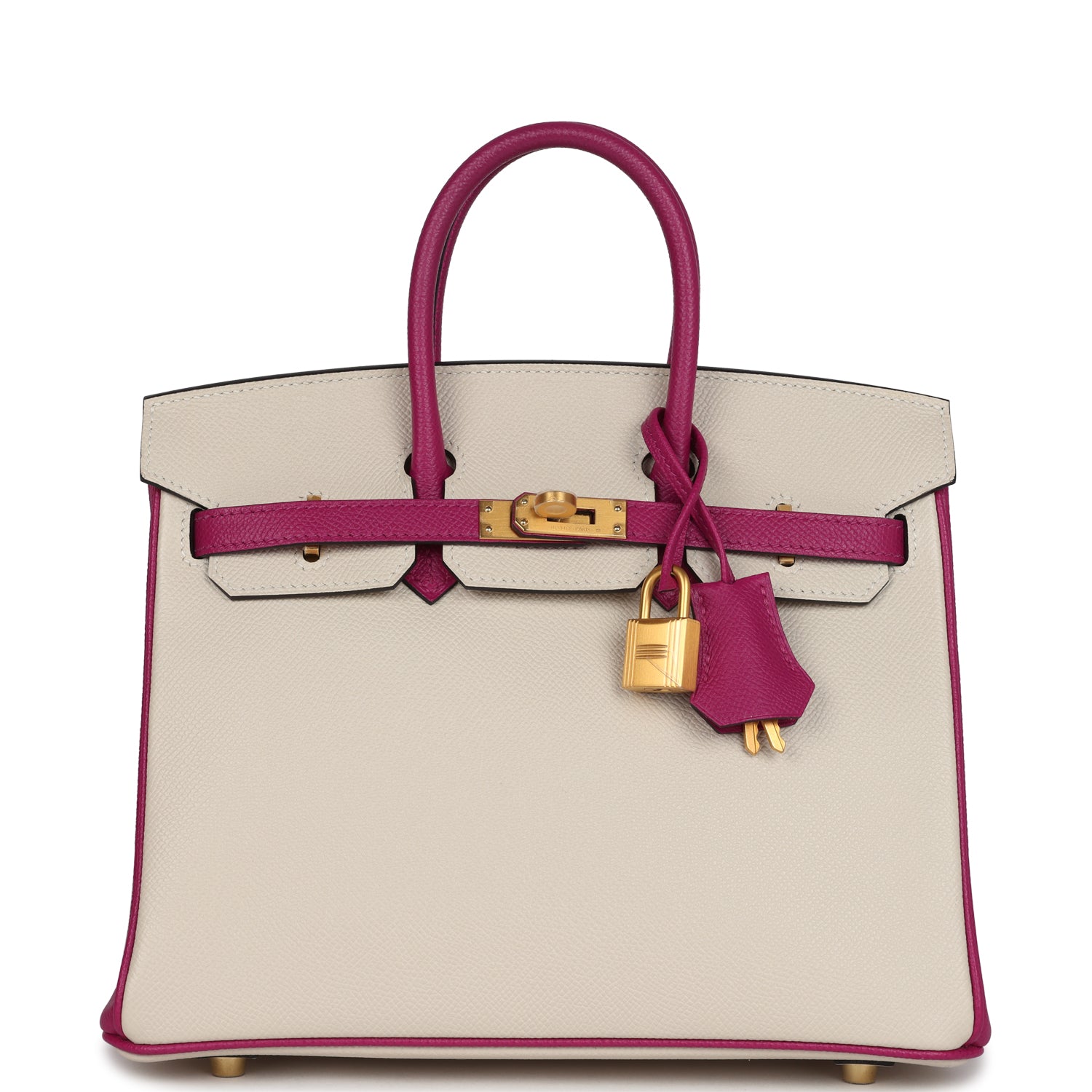 Birkin 25 Craie and Rose Pourpre Epsom Brushed Gold Hardware Bag