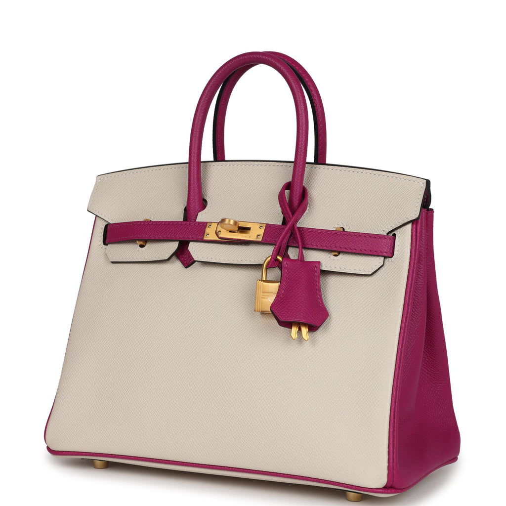 Birkin 25 Craie and Rose Pourpre Epsom Brushed Gold Hardware Bag