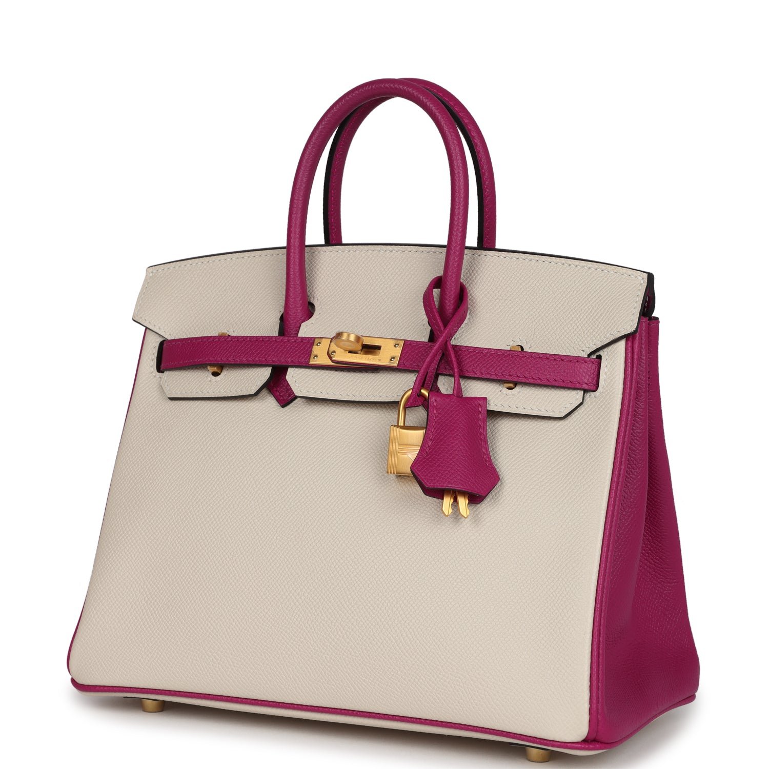 Birkin 25 Craie and Rose Pourpre Epsom Brushed Gold Hardware Bag
