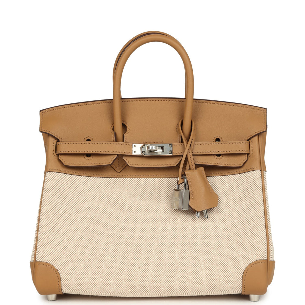 Birkin 25 Ecru and Beige Toile H Canvas and Biscuit Swift Palladium Hardware Bag