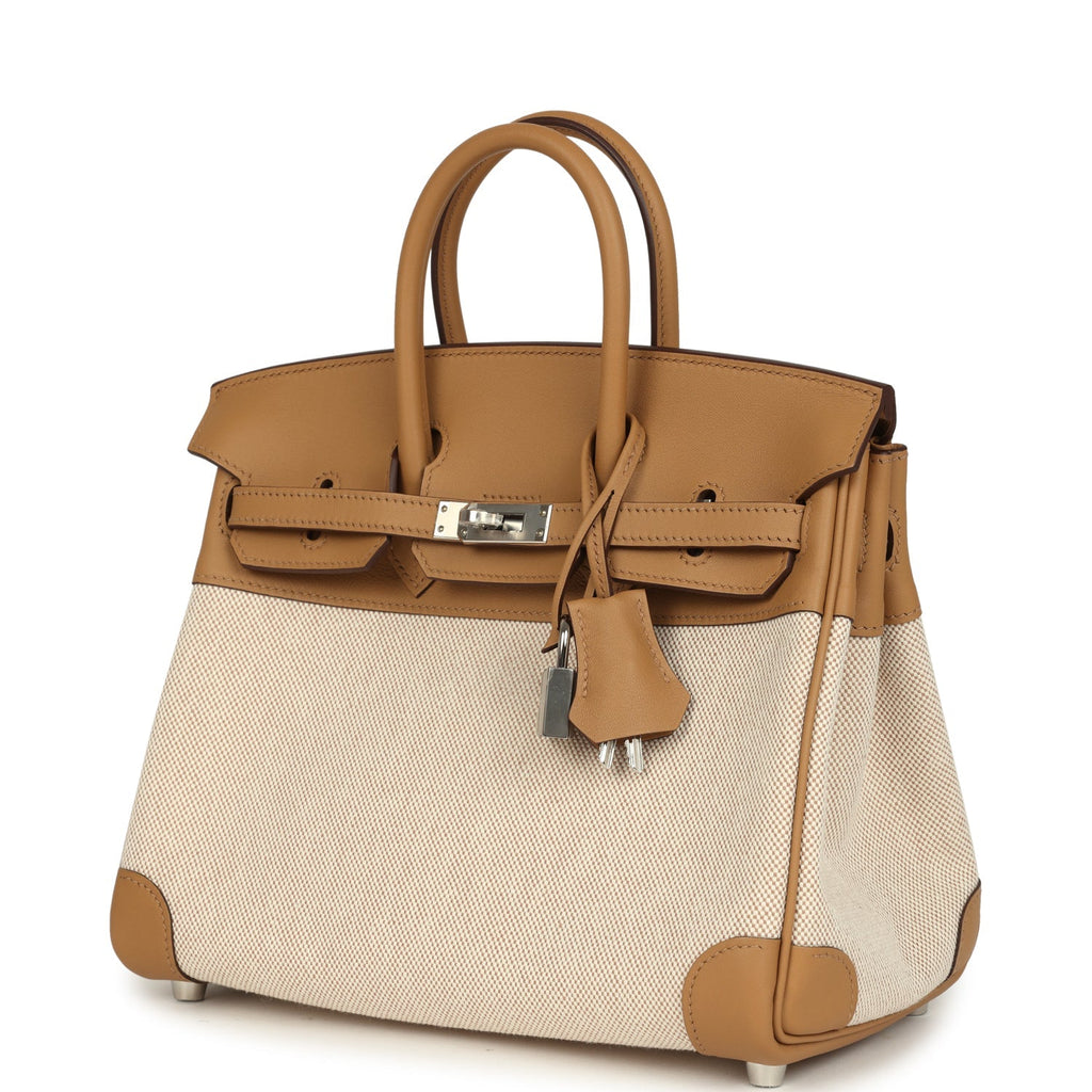 Birkin 25 Ecru and Beige Toile H Canvas and Biscuit Swift Palladium Hardware Bag