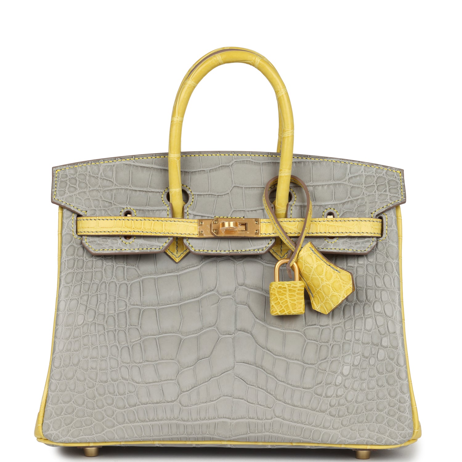 Birkin 25 Gris Perle and Mimosa Matte Alligator Brushed Gold Hardware Bag