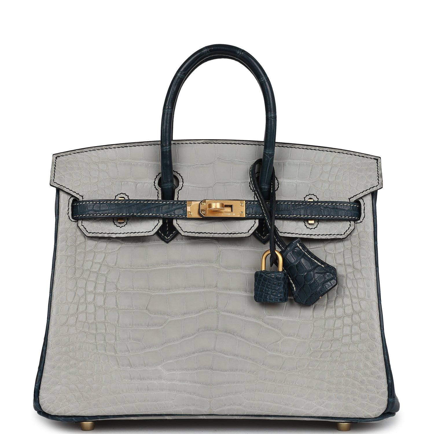 Birkin 25 Gris Perle and Vert Rousseau Matte Alligator Brushed Gold Hardware Bag