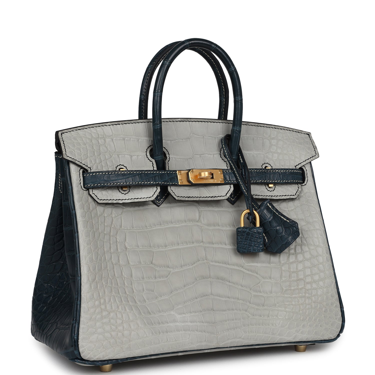 Birkin 25 Gris Perle and Vert Rousseau Matte Alligator Brushed Gold Hardware Bag