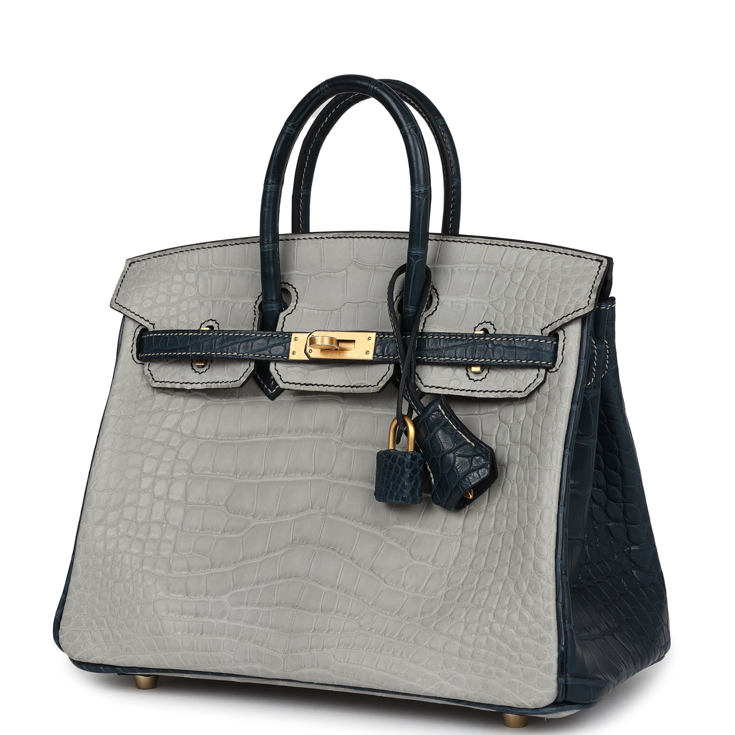 Birkin 25 Gris Perle and Vert Rousseau Matte Alligator Brushed Gold Hardware Bag