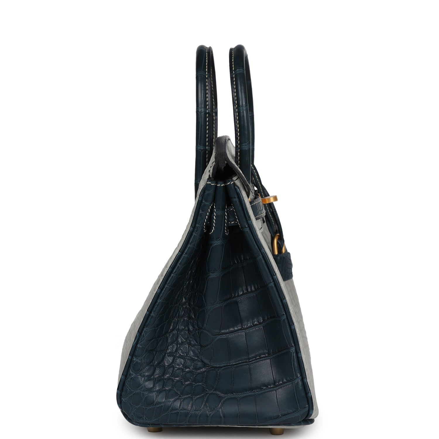 Birkin 25 Gris Perle and Vert Rousseau Matte Alligator Brushed Gold Hardware Bag