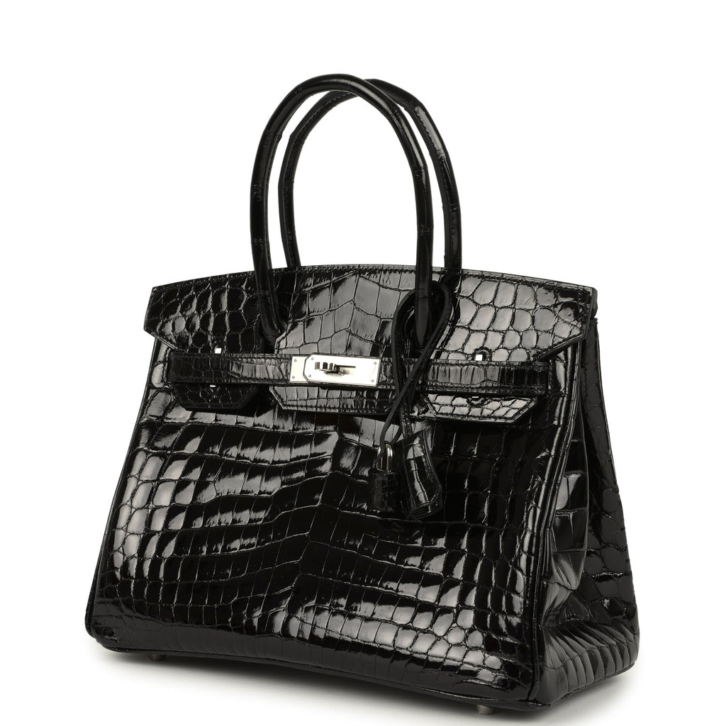 Birkin 30 Black Shiny Crocodile Niloticus Palladium Hardware Bag