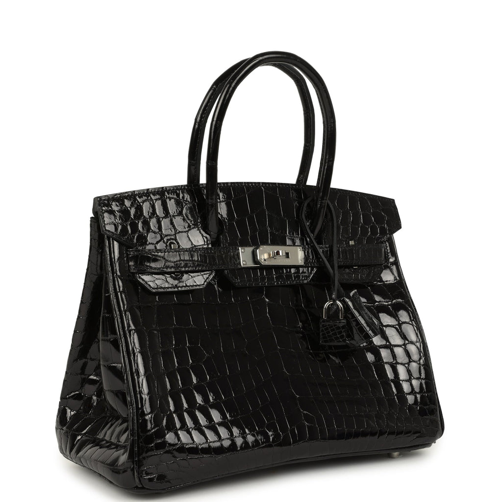 Birkin 30 Black Shiny Crocodile Niloticus Palladium Hardware Bag