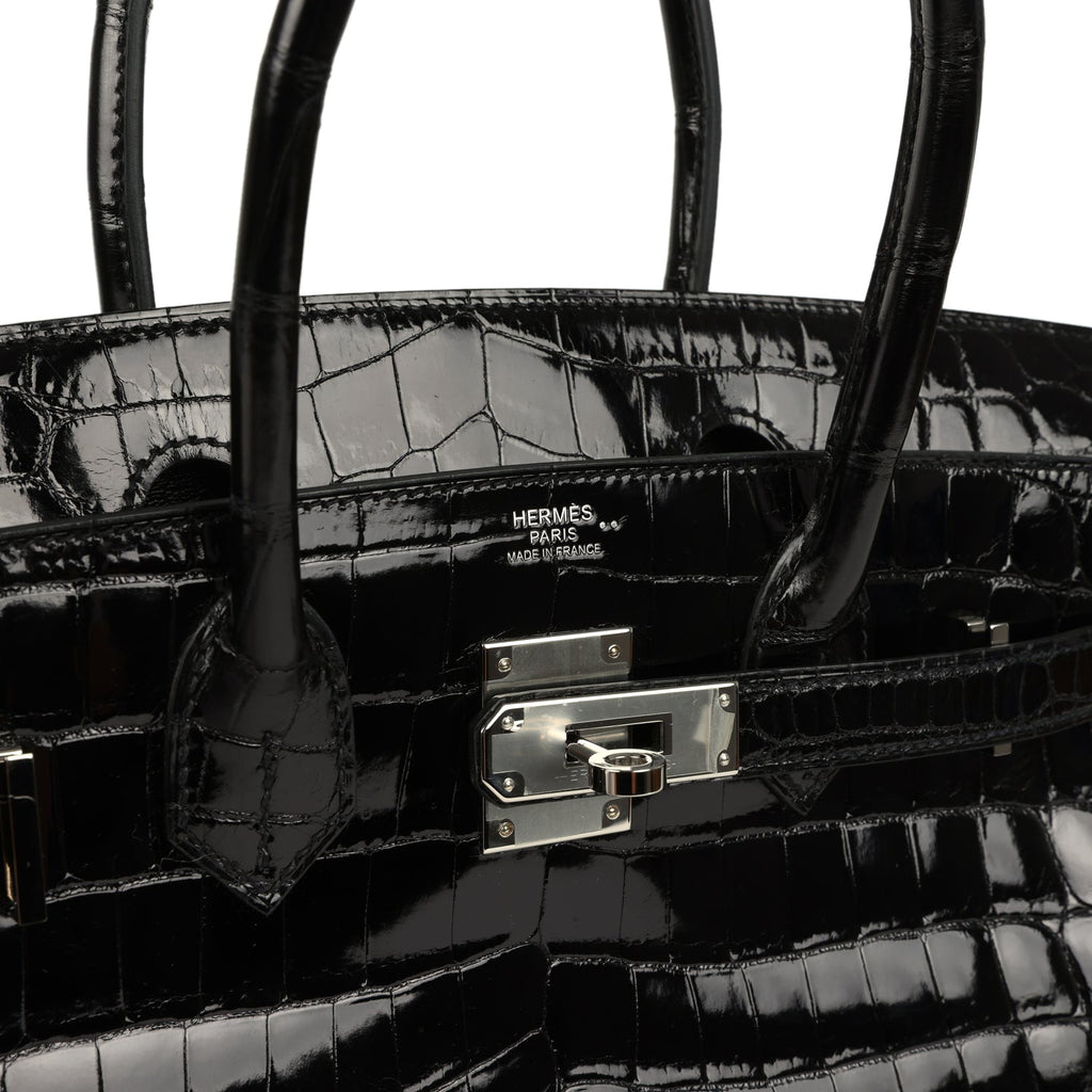 Birkin 30 Black Shiny Crocodile Niloticus Palladium Hardware Bag