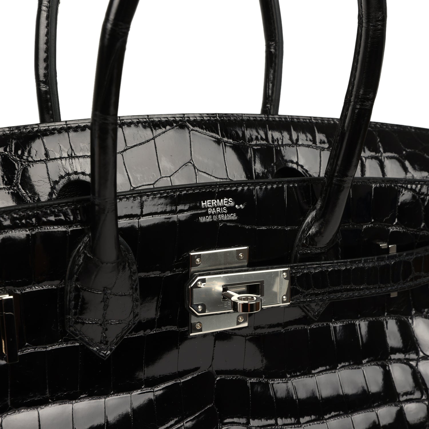 Birkin 30 Black Shiny Crocodile Niloticus Palladium Hardware Bag