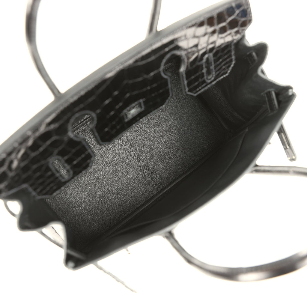 Birkin 30 Black Shiny Crocodile Niloticus Palladium Hardware Bag