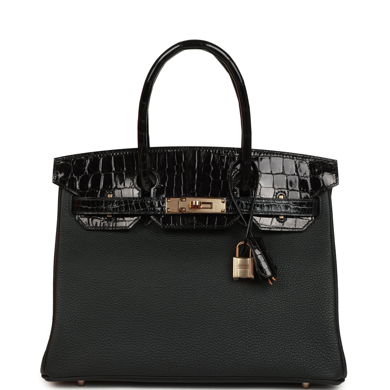 Birkin 30 Black Shiny Niloticus Crocodile and Togo Touch Rose Gold Hardware Bag