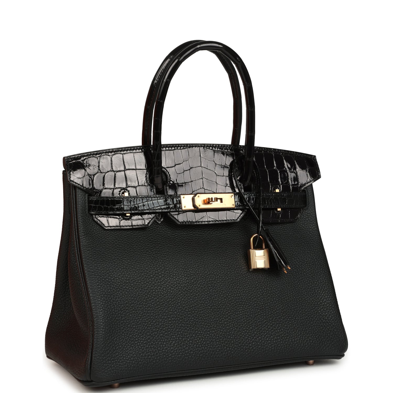 Birkin 30 Black Shiny Niloticus Crocodile and Togo Touch Rose Gold Hardware Bag