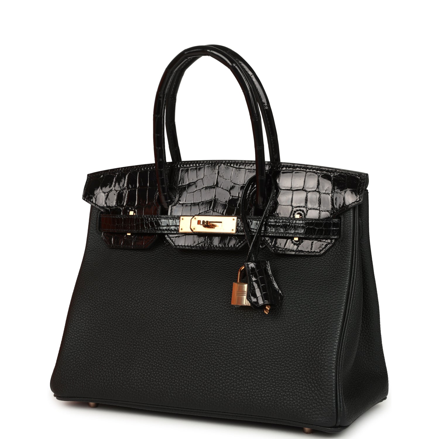 Birkin 30 Black Shiny Niloticus Crocodile and Togo Touch Rose Gold Hardware Bag