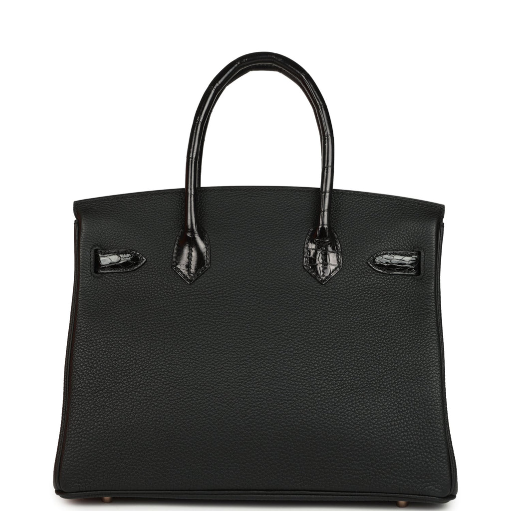 Birkin 30 Black Shiny Niloticus Crocodile and Togo Touch Rose Gold Hardware Bag