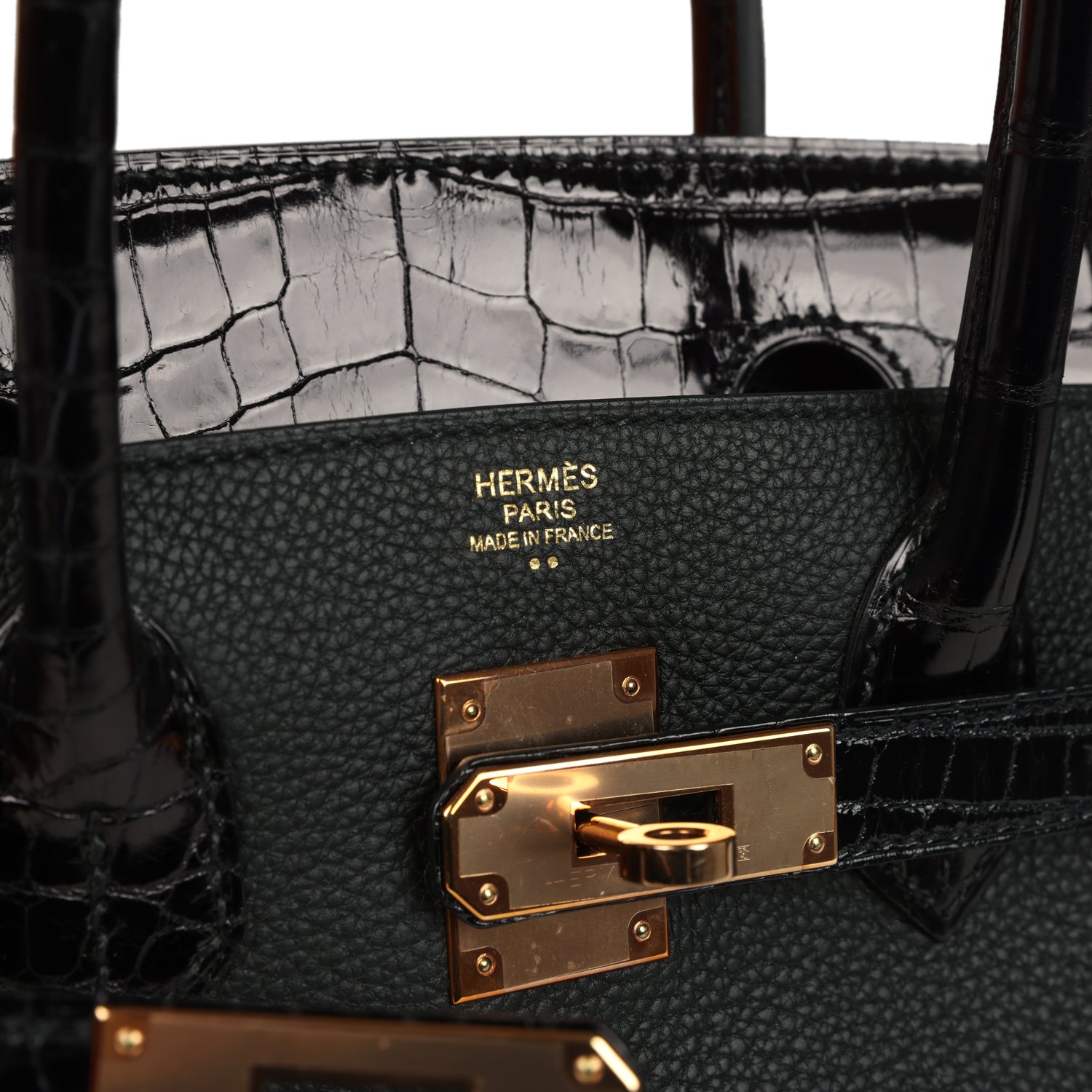 Birkin 30 Black Shiny Niloticus Crocodile and Togo Touch Rose Gold Hardware Bag