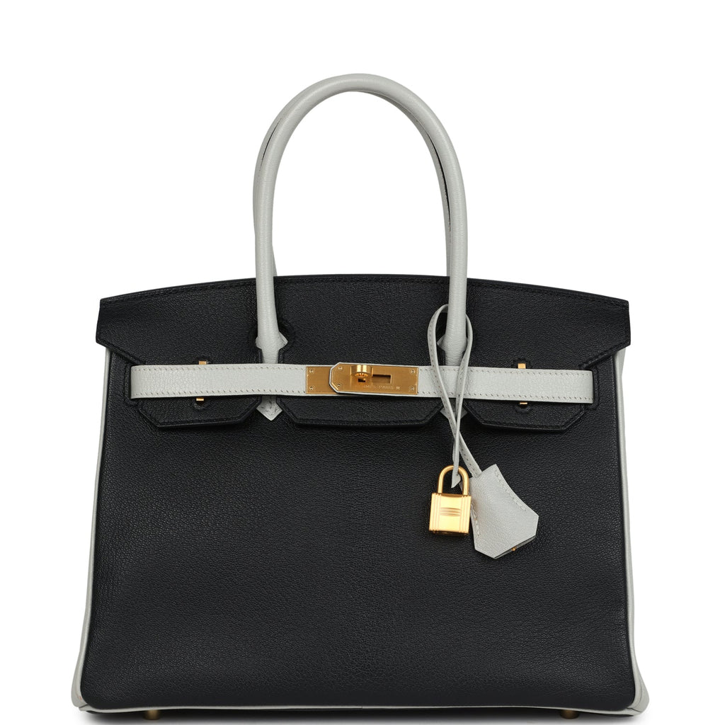 Birkin 30 Black and Gris Perle Chevre Mysore Brushed Gold Hardware Bag
