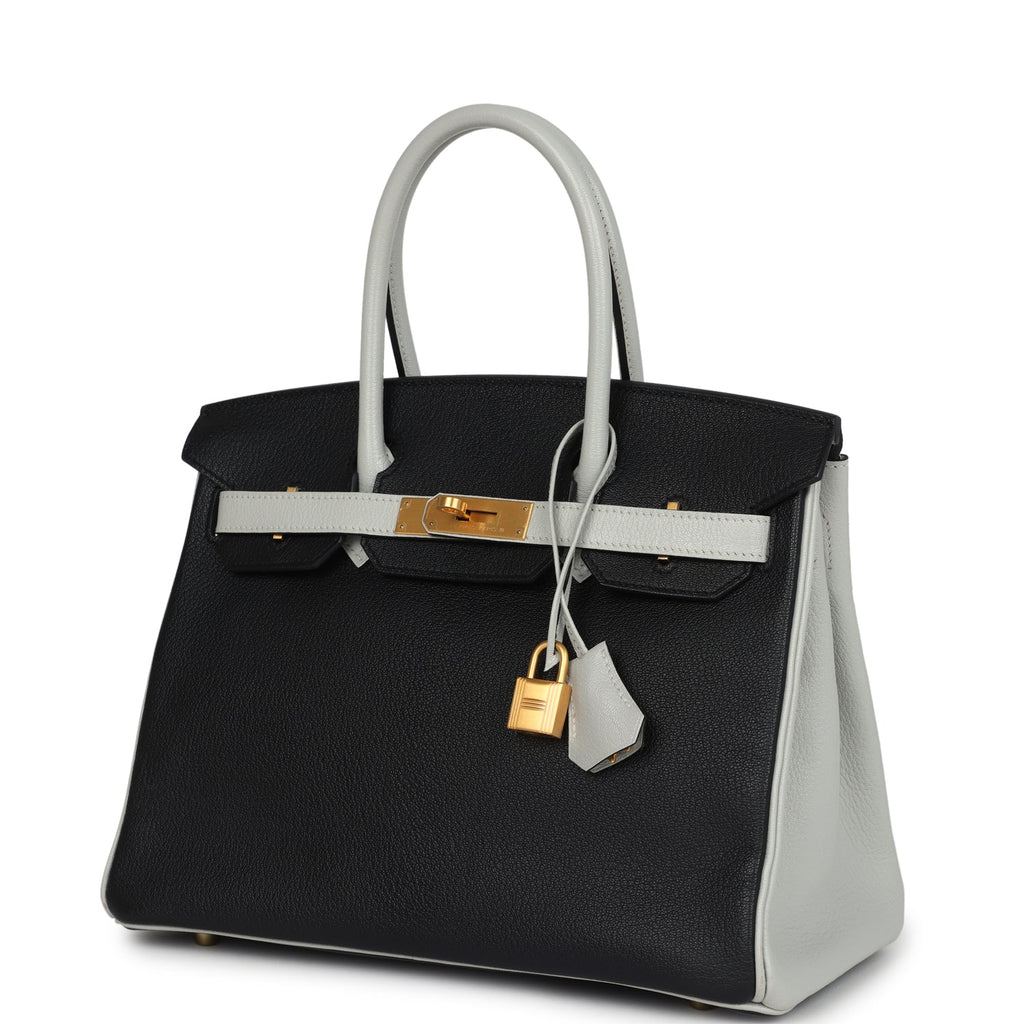 Birkin 30 Black and Gris Perle Chevre Mysore Brushed Gold Hardware Bag
