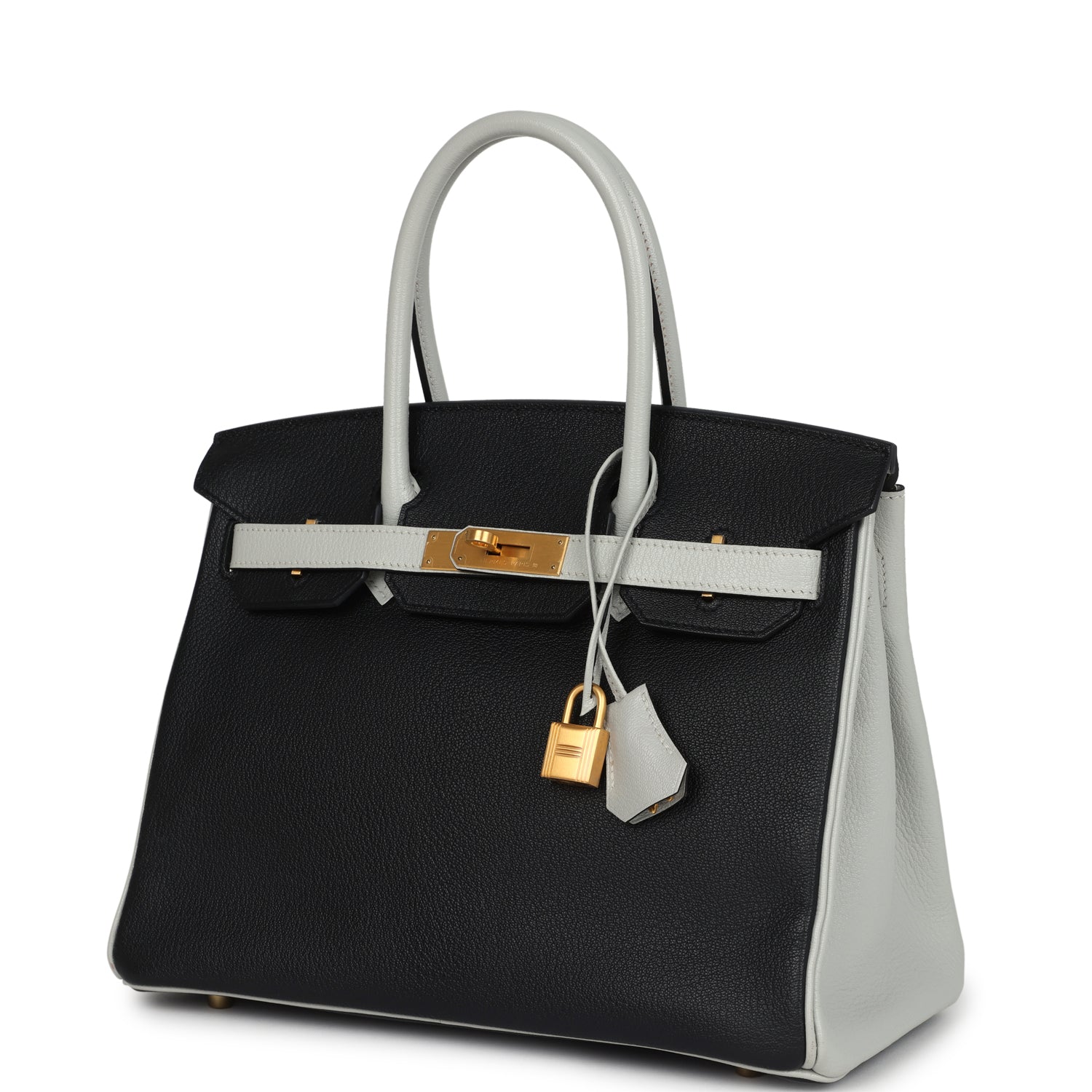 Birkin 30 Black and Gris Perle Chevre Mysore Brushed Gold Hardware Bag