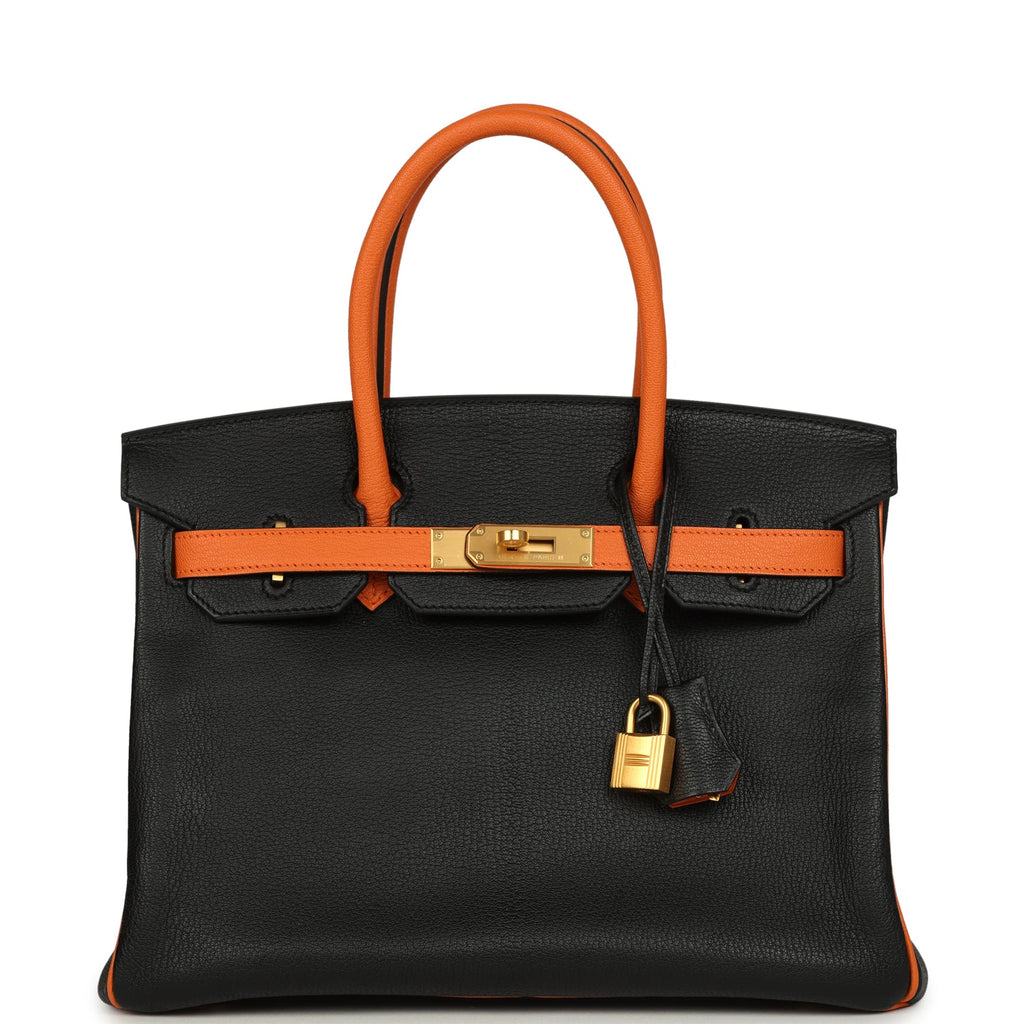 Birkin 30 Black and Orange Chevre Brushed Gold Hardware Bag