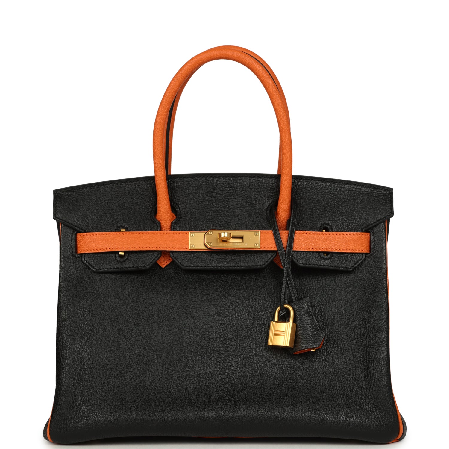 Birkin 30 Black and Orange Chevre Brushed Gold Hardware Bag