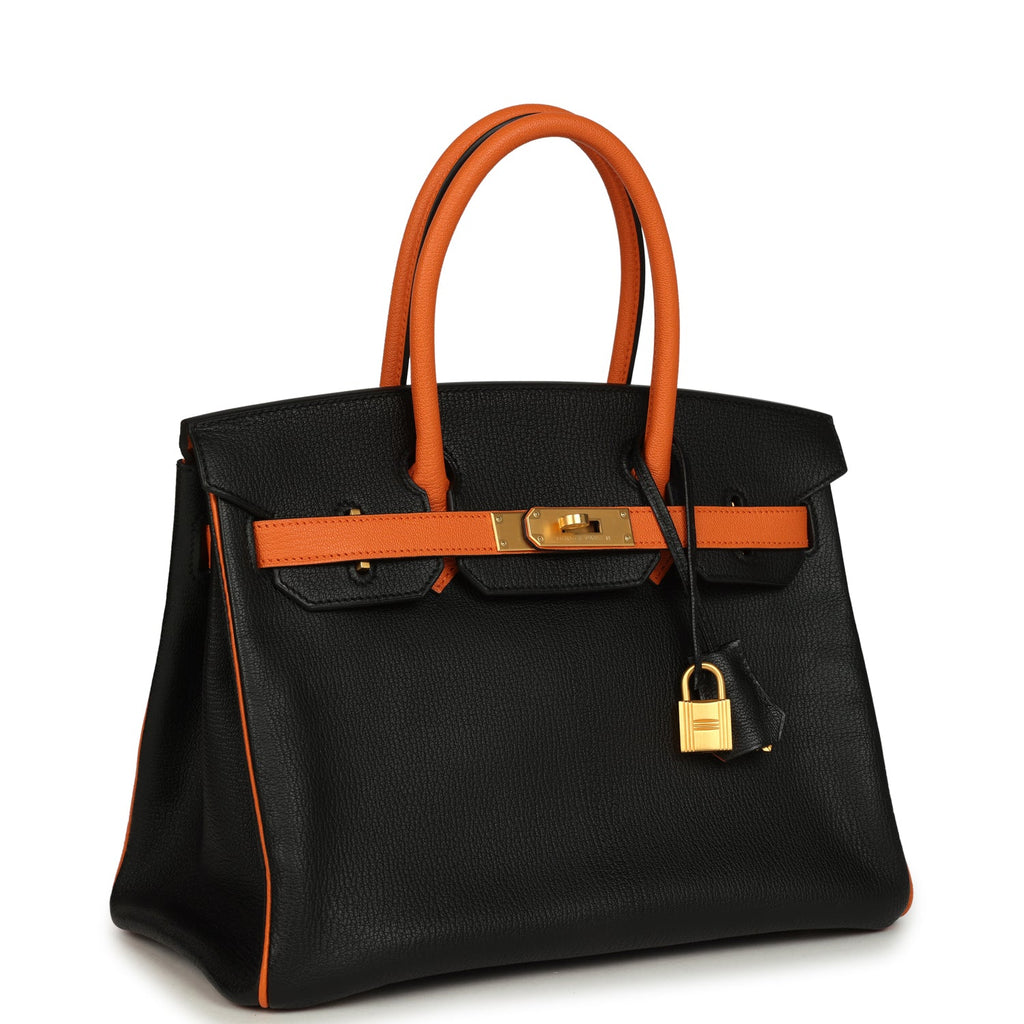 Birkin 30 Black and Orange Chevre Brushed Gold Hardware Bag