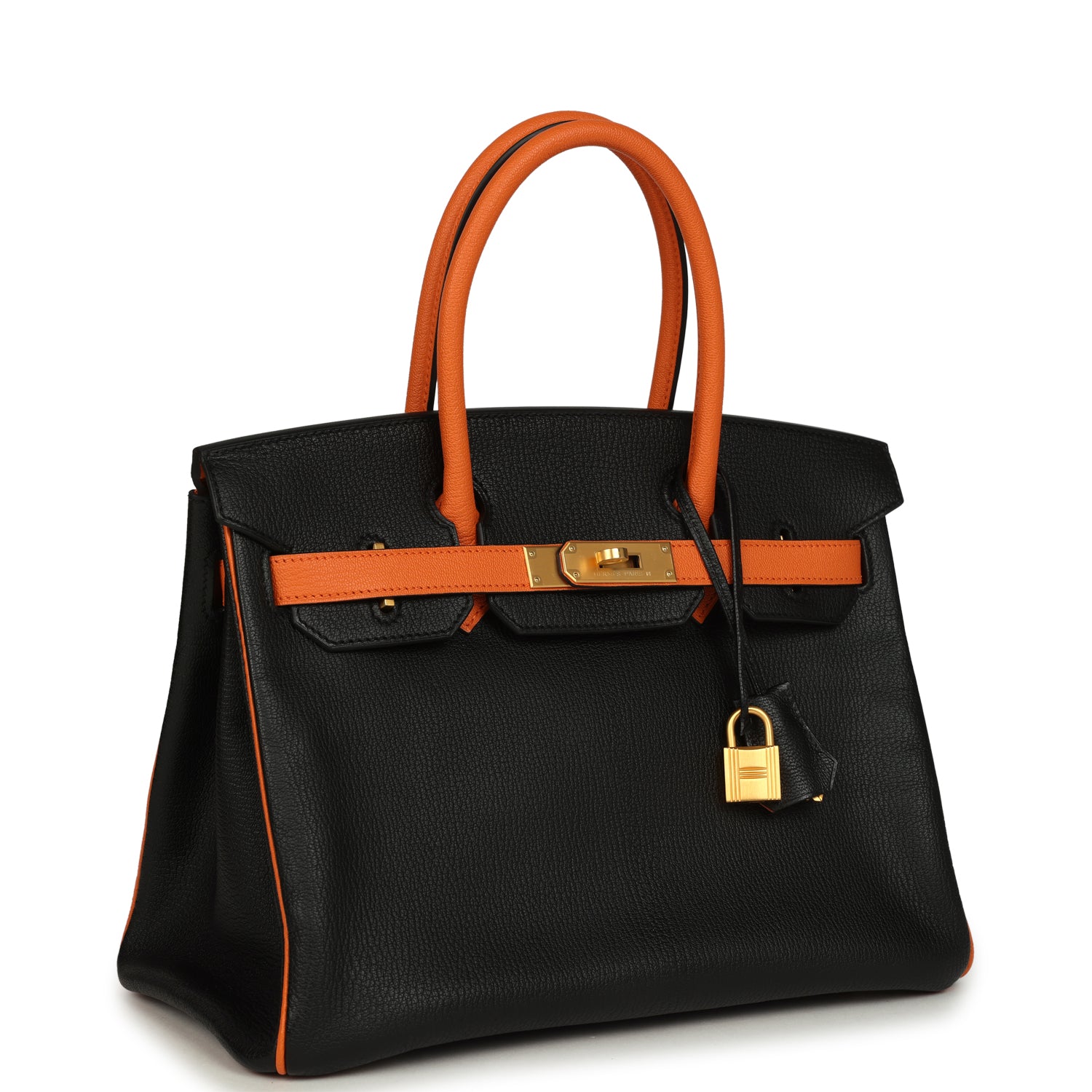 Birkin 30 Black and Orange Chevre Brushed Gold Hardware Bag