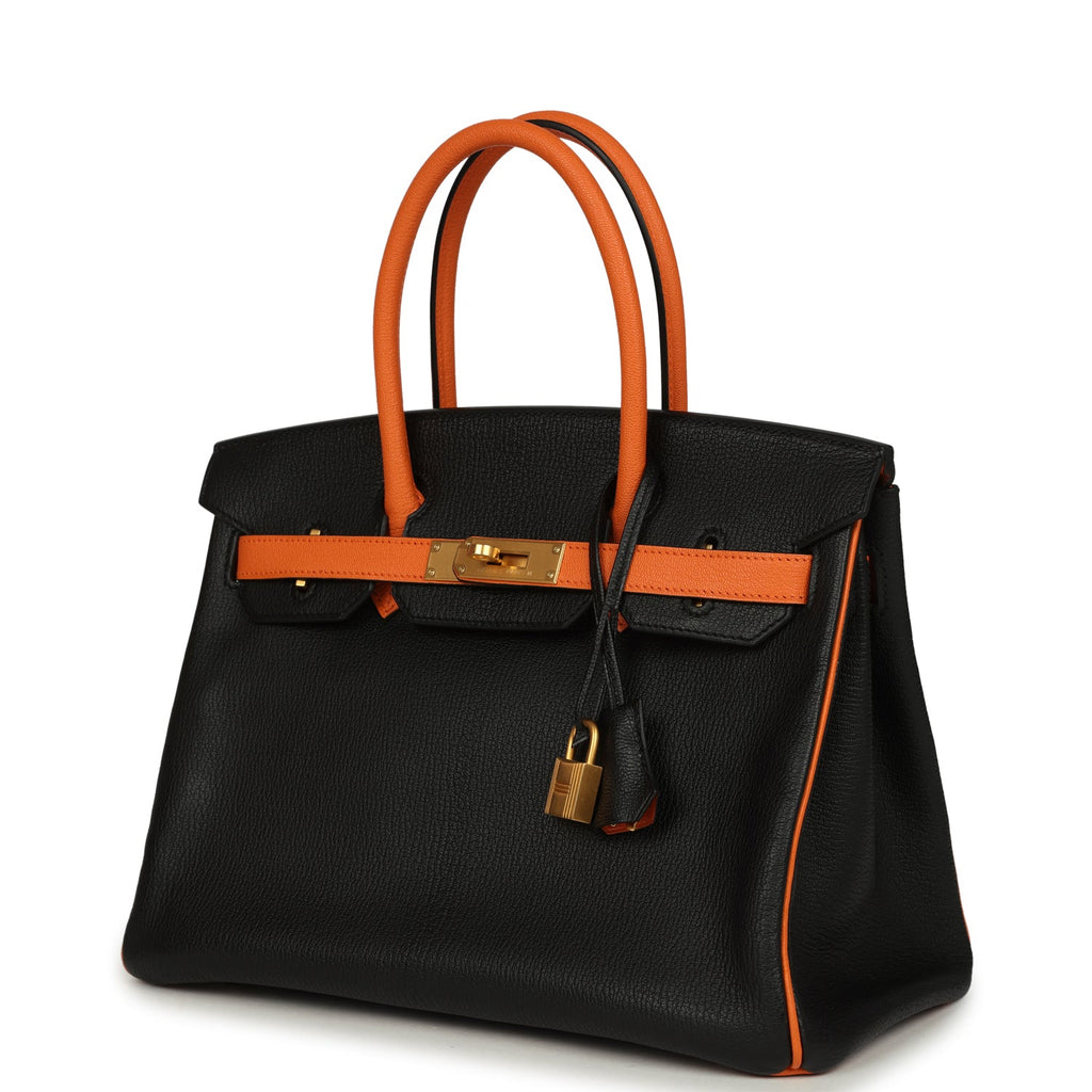 Birkin 30 Black and Orange Chevre Brushed Gold Hardware Bag