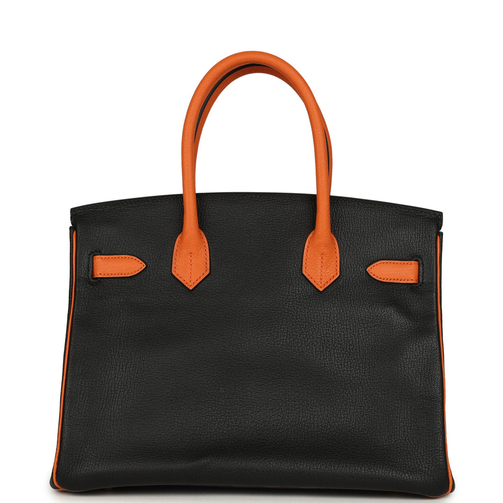 Birkin 30 Black and Orange Chevre Brushed Gold Hardware Bag