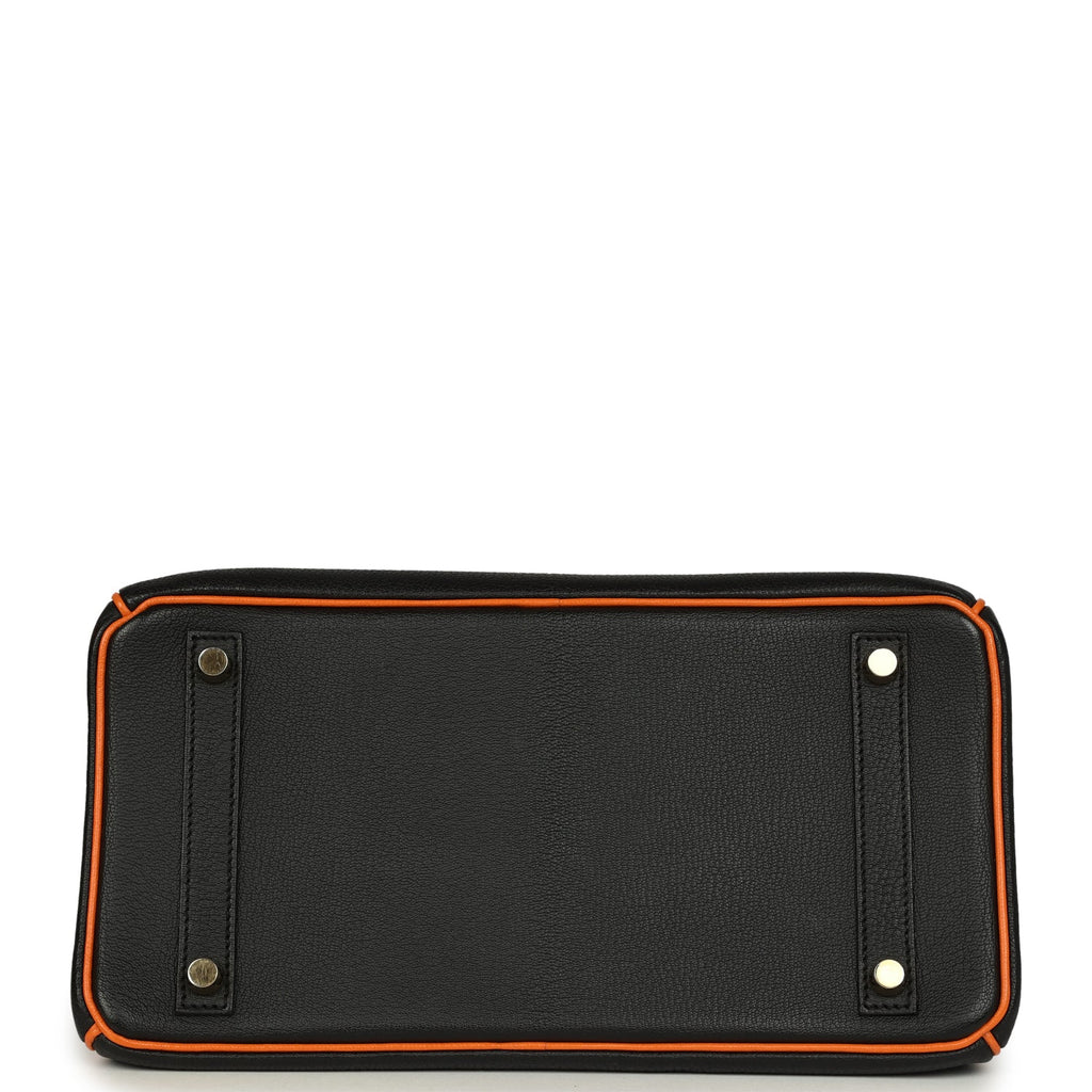 Birkin 30 Black and Orange Chevre Brushed Gold Hardware Bag