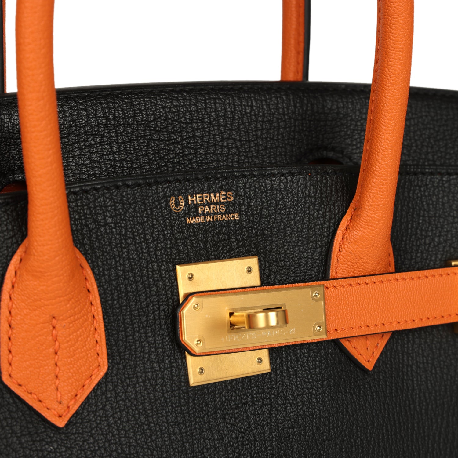 Birkin 30 Black and Orange Chevre Brushed Gold Hardware Bag