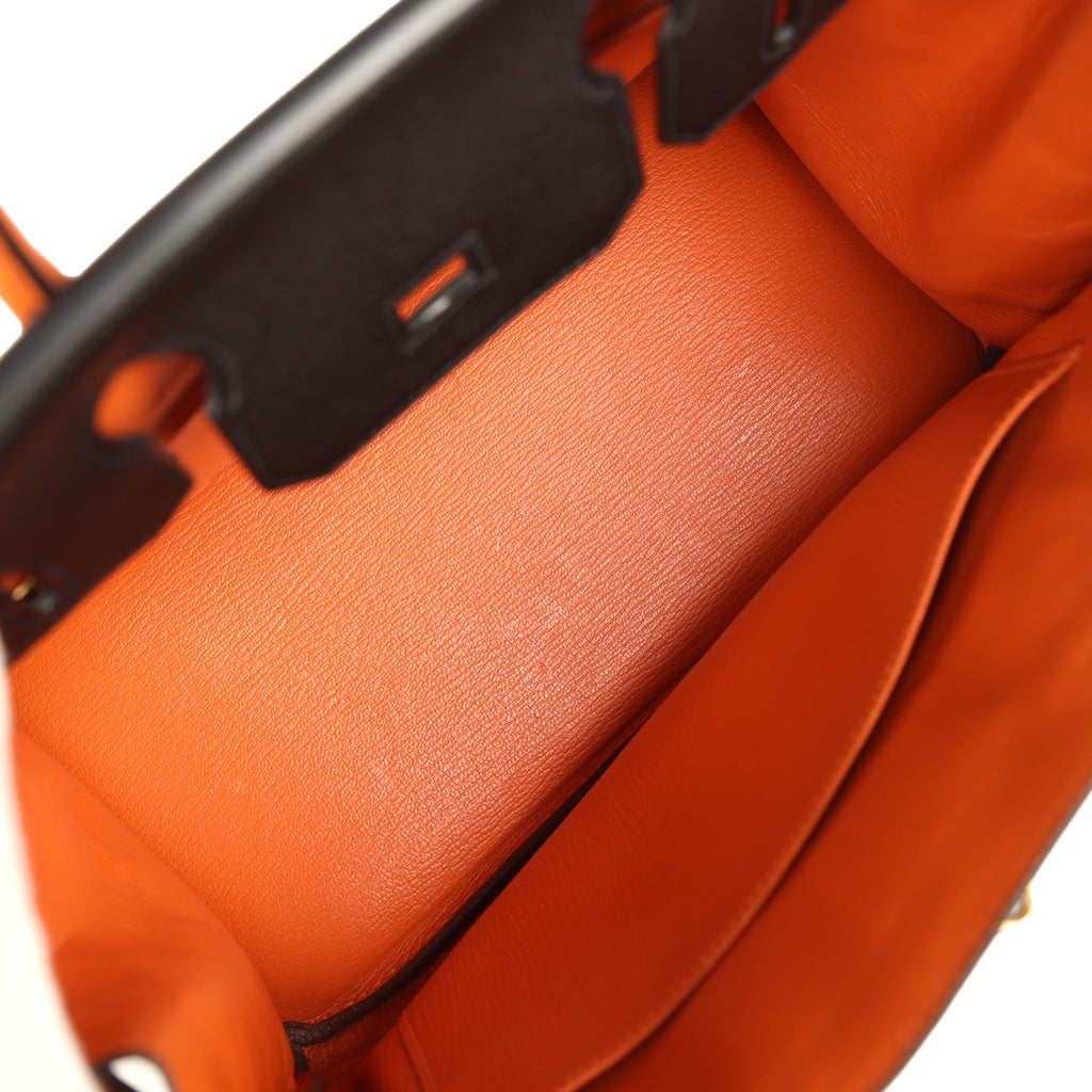 Birkin 30 Black and Orange Chevre Brushed Gold Hardware Bag